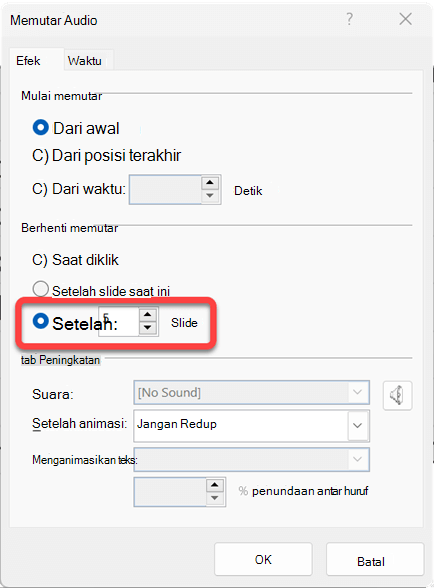 Anda dapat menentukan jumlah slide yang akan diputar klip audio.
