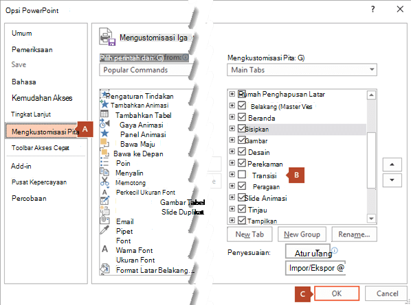 Kotak dialog tab Kustomisasi Pita dalam Opsi PowerPoint 2016 memiliki opsi untuk menambahkan tab Perekaman ke pita PowerPoint.