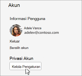 Dialog Akun dengan tombol kelola pengaturan yang dipisahkan.