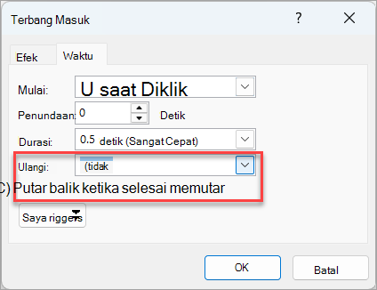 Opsi tambahan untuk efek Terbang Masuk.