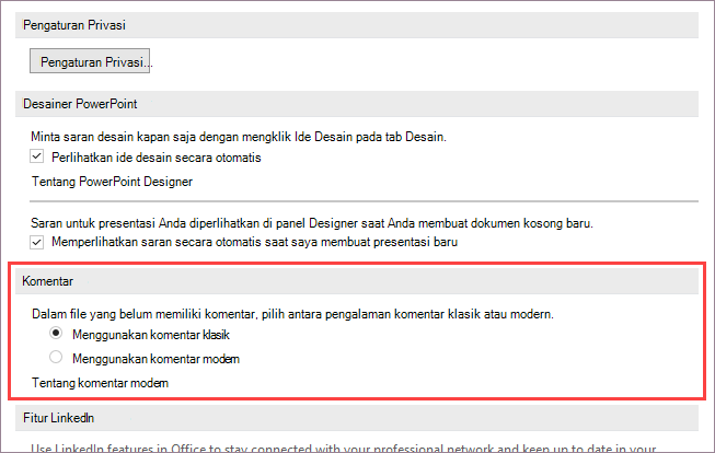 Cuplikan layar memperlihatkan Opsi untuk komentar modern
