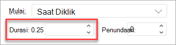 Bidang Durasi saat menerapkan animasi di PowerPoint di web.