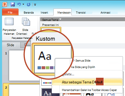 Klik kanan tema baru yang tercantum di bawah judul Kustom, lalu pilih Atur sebagai Tema Default.