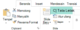 Tombol Tata Letak pada tab Beranda di PowerPoint memiliki semua tata letak slide yang tersedia.