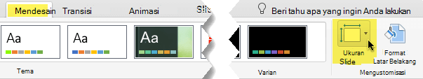 Tombol Ukuran Slide berada di ujung kanan tab Desain pada toolbar