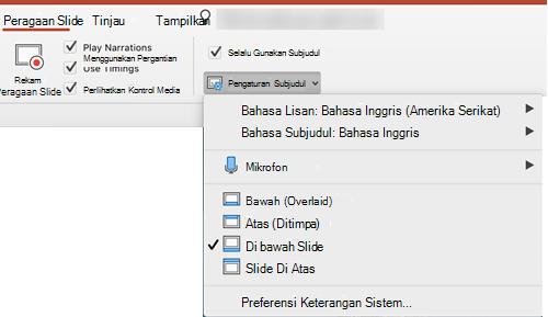 Pengaturan untuk Keterangan dan Subjudul berada di tab Peragaan Slide di PowerPoint.