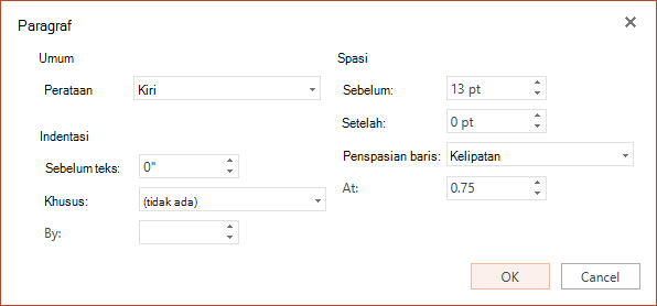 Kotak dialog Paragraf memiliki opsi untuk mengatur perataan horizontal, indentasi di margin kiri, dan penspasian baris.