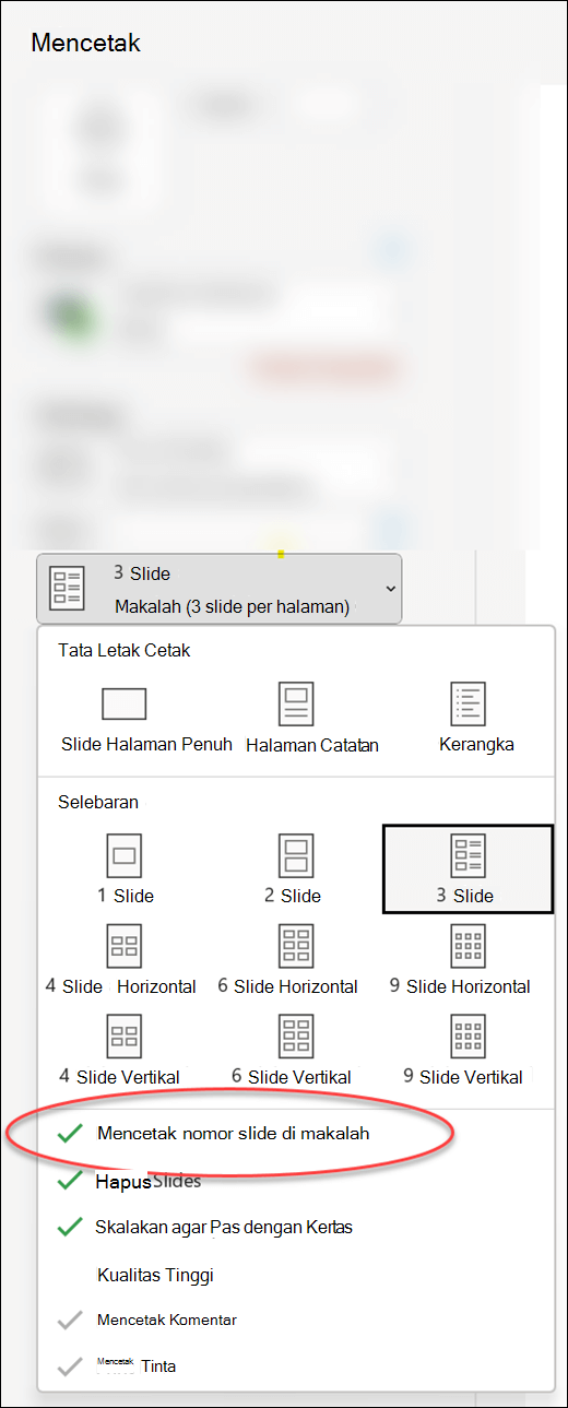 Dialog Cetak di PowerPoint memperlihatkan opsi untuk mencetak nomor slide pada makalah.