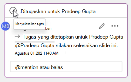 Cuplikan layar yang memperlihatkan cara Menyelesaikan tombol tugas dalam isi komentar.