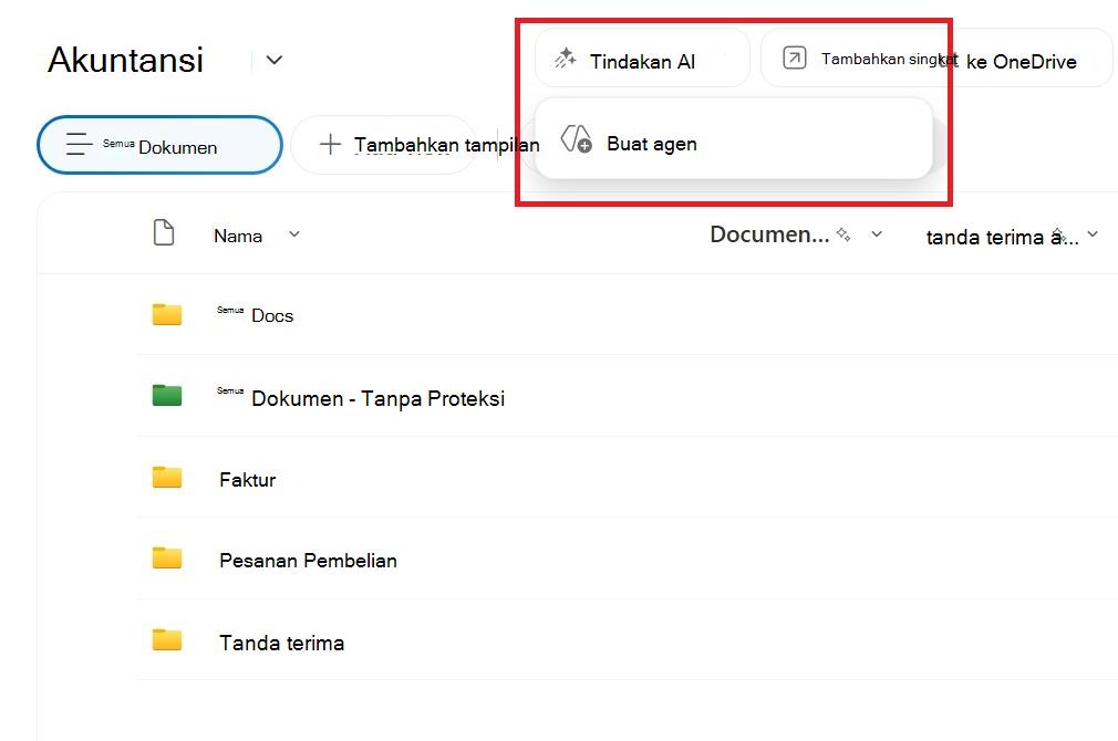 Cuplikan layar memperlihatkan tombol untuk membuat agen dari pustaka dokumen SharePoint.