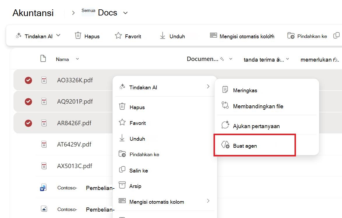 Cuplikan layar memperlihatkan tombol untuk membuat agen dari menu konteks pilihan file atau folder