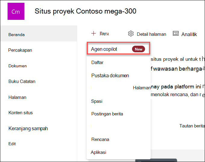 Cuplikan layar membuat agen kopilot baru dari laman situs