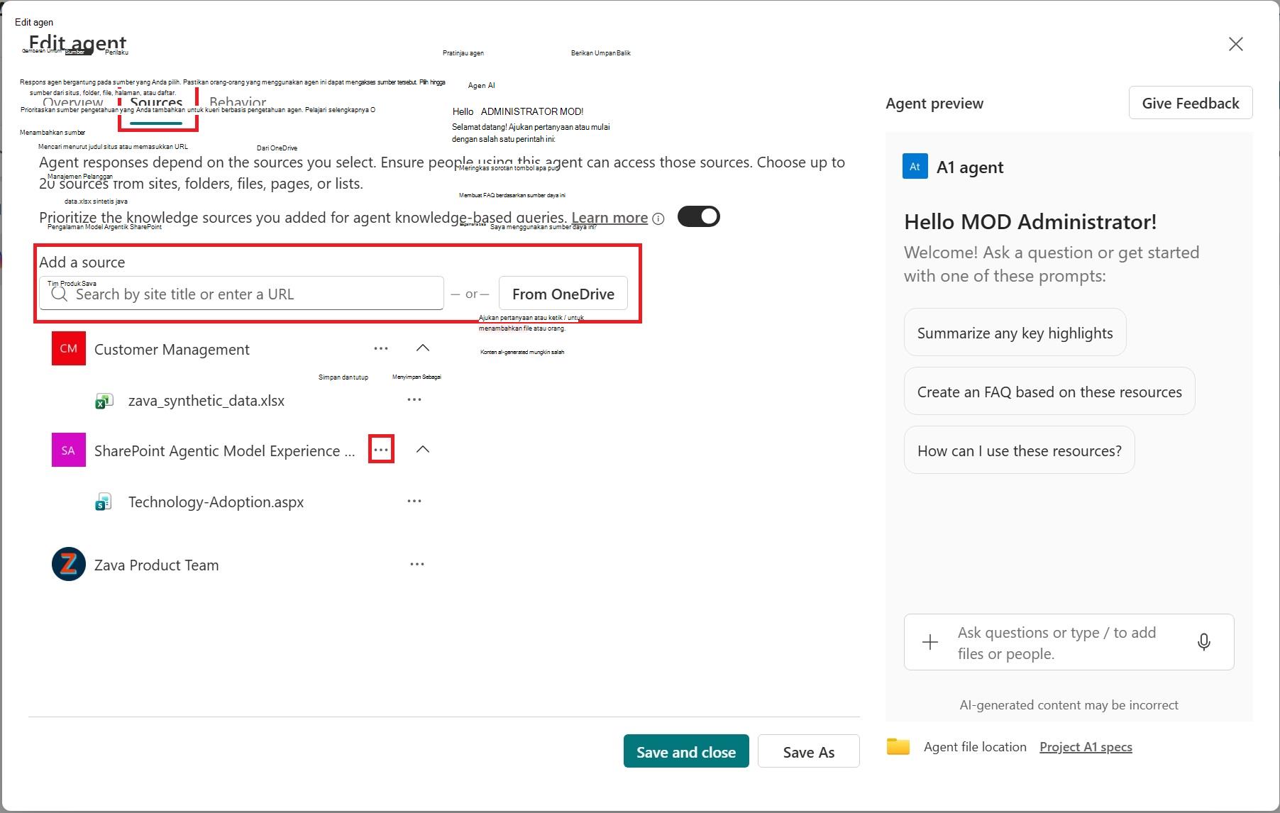 Cuplikan layar tab sumber saat mengedit agen SharePoint