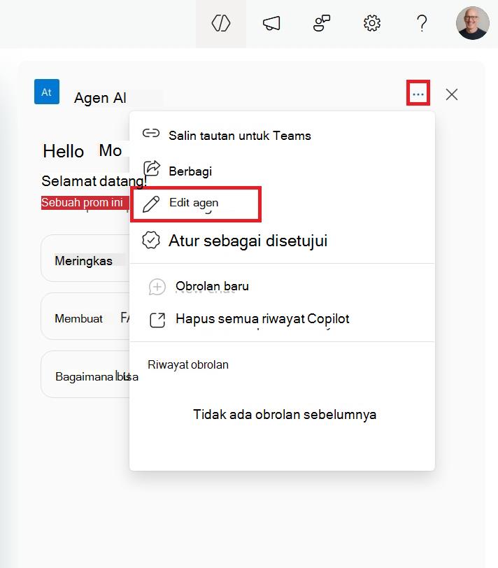 Cuplikan layar menu untuk mengedit agen SharePoint dari sidecar