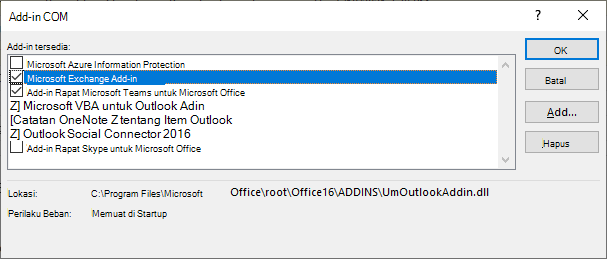 Jendela add-in Outlook coms terbuka.