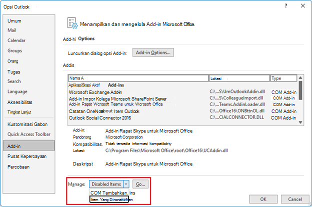 Cuplikan layar jendela opsi Outlook