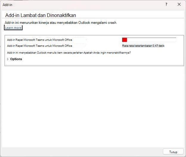 Cuplikan layar dialog Add-in Lambat dan Dinonaktifkan