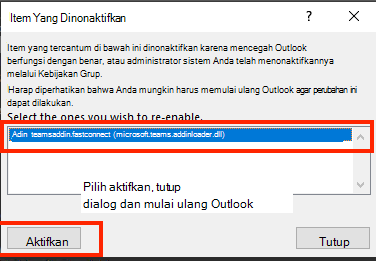 Cuplikan layar dialog untuk mengaktifkan item Dinonaktifkan.