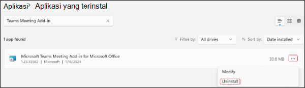 Menghapus instalan add-in Teams