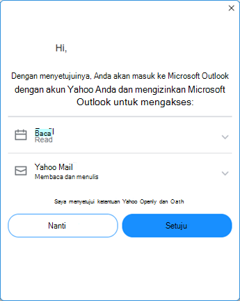 Layar penyiapan Yahoo Outlook empat - setuju dengan persyaratan Yahoo