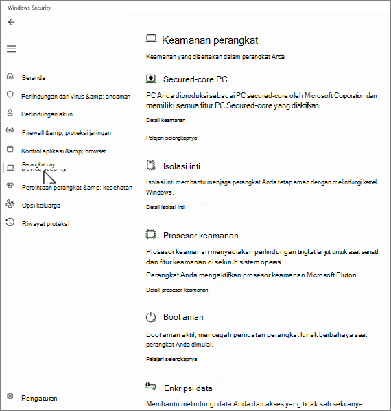 Cuplikan layar layar keamanan perangkat di aplikasi Keamanan Windows.