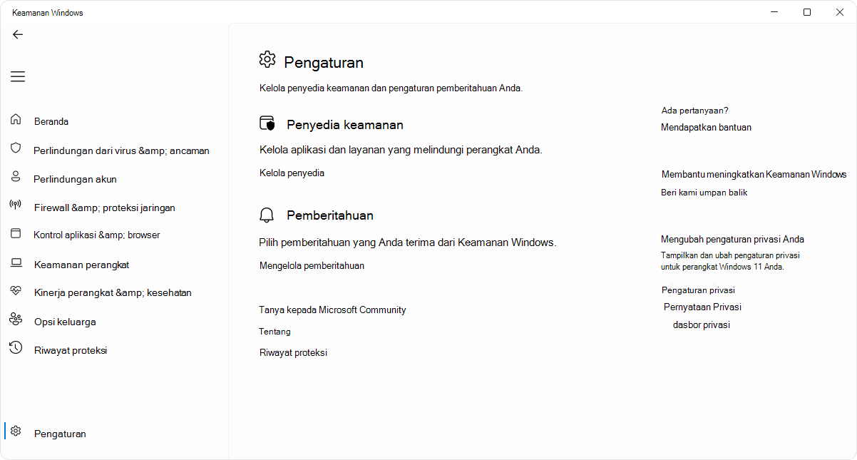 Cuplikan layar halaman pengaturan aplikasi Keamanan Windows.