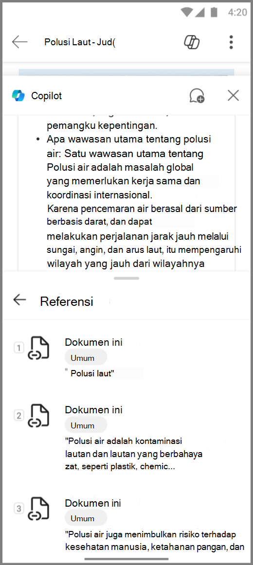 Cuplikan layar Copilot di Word pada perangkat Android dengan Referensi untuk respons Copilot