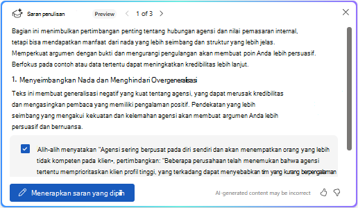 Menerapkan opsi saran yang dipilih di Copilot di Word