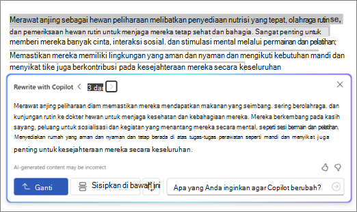 Cuplikan layar Copilot di Word yang menampilkan saran dan opsi penulisan ulang teks