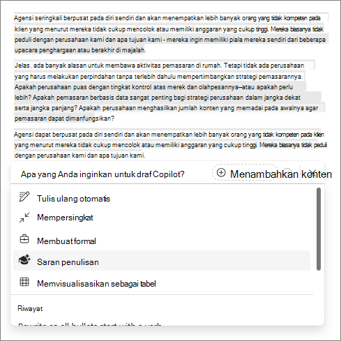 Opsi saran penulisan di Copilot di Word