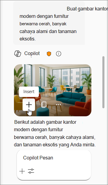 Memperlihatkan perintah Copilot untuk gambar kantor modern dengan furnitur berwarna, cahaya alami, dan tanaman eksotis, diikuti dengan empat gambar.