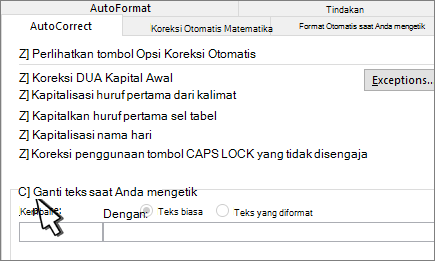 Ganti saat Anda mengetikkan kotak centang pada tab Koreksi Otomatis