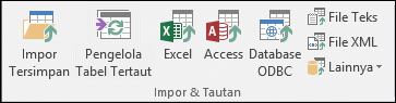 Tab Data Eksternal memperlihatkan perintah impor dan tautkan