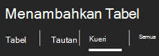Tab di bagian atas panel tugas Tambahkan Tabel Pencarian
