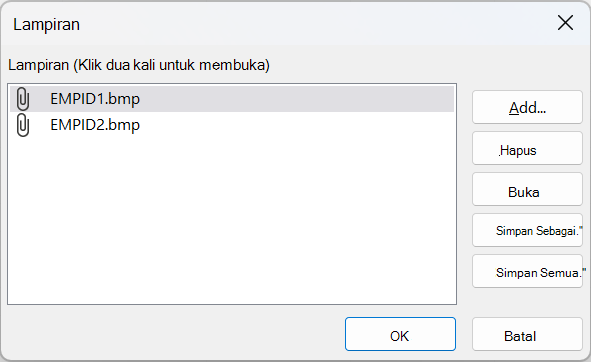 Kotak dialog lampiran di Access menampilkan dua file BMP.