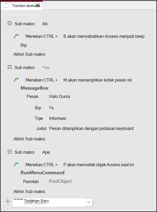 Tiga submakro dalam makro Access yang disebut Kunci Otomatis