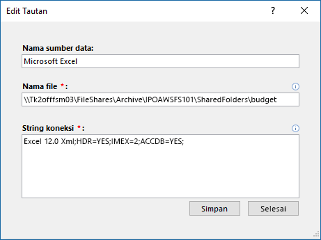 Kotak dialog Edit Tautan untuk sumber data Excel