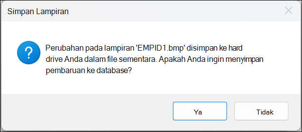 Simpan kotak pesan konfirmasi lampiran dengan tombol Ya dan Tidak.