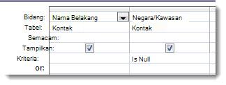 Gambar menunjukkan bidang kriteria dalam perancang kueri dengan kriteria null
