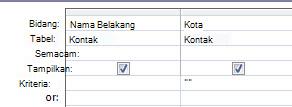 perancang kueri dengan kriteria yang diatur untuk menunjukkan data dengan bidang nilai kosong
