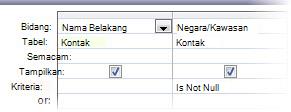 gambar desainer kueri dengan kriteria is not