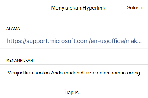 Kotak dialog Sisipkan Hyperlink di OneNote untuk iOS memperlihatkan teks tampilan tautan Menjadikan konten Anda mudah diakses oleh semua orang dan URL tautannya.