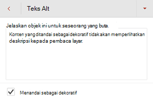 Kotak dialog Teks Alt memperlihatkan kotak centang Tandai sebagai dekoratif dipilih di PowerPoint untuk Android.