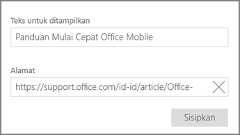 Cuplikan layar dialog untuk menambahkan tautan hypertext di OneNote untuk Windows 10.