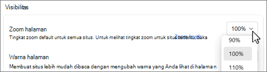 Cuplikan layar menurun tingkat zoom halaman.