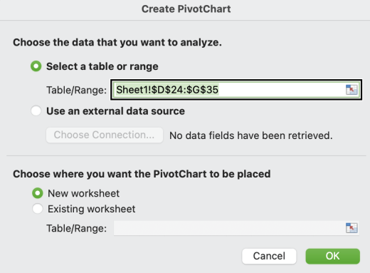 Kotak dialog Buat PivotChart di Mac.