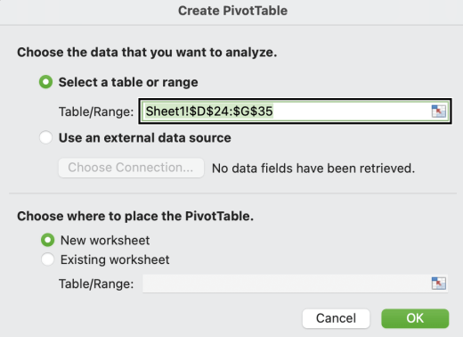 Kotak dialog Buat PivotTable di Mac.