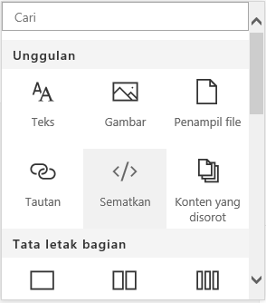 Cuplikan layar menu Konten sematan di SharePoint.