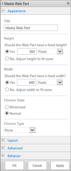 Cuplikan layar dialog Komponen Web Media di SharePoint Online untuk menentukan pengaturan terkait Tampilan, Tata Letak, Tingkat Lanjut, dan Perilaku untuk file media. Opsi untuk Tampilan diperlihatkan, termasuk judul, tinggi, lebar, serta keadaan krom dan tipe.