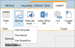 Cuplikan layar pita SharePoint Online. Pilih tab Sisipkan lalu pilih Gambar untuk menentukan apakah akan mengunggah file dari komputer, alamat web, atau lokasi SharePoint.